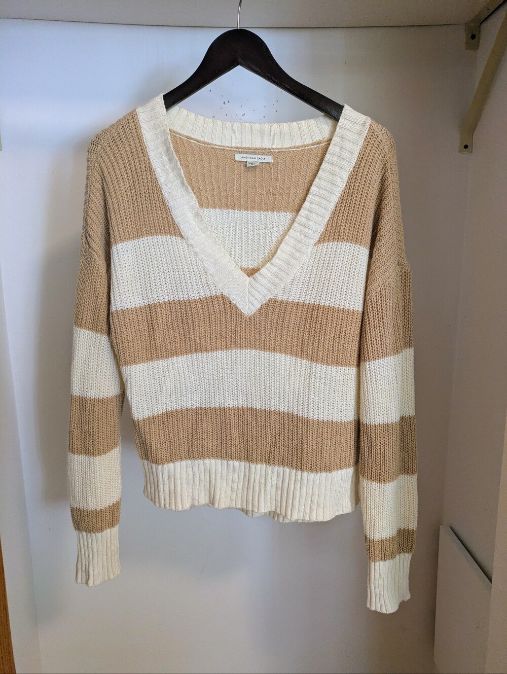 American Eagle Striped V-neck knit sweater, tan and cream, size xs